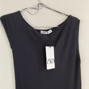 NWT Zara Black ribbed Bodycon Maxi Pencil Dress One Shoulder Size S